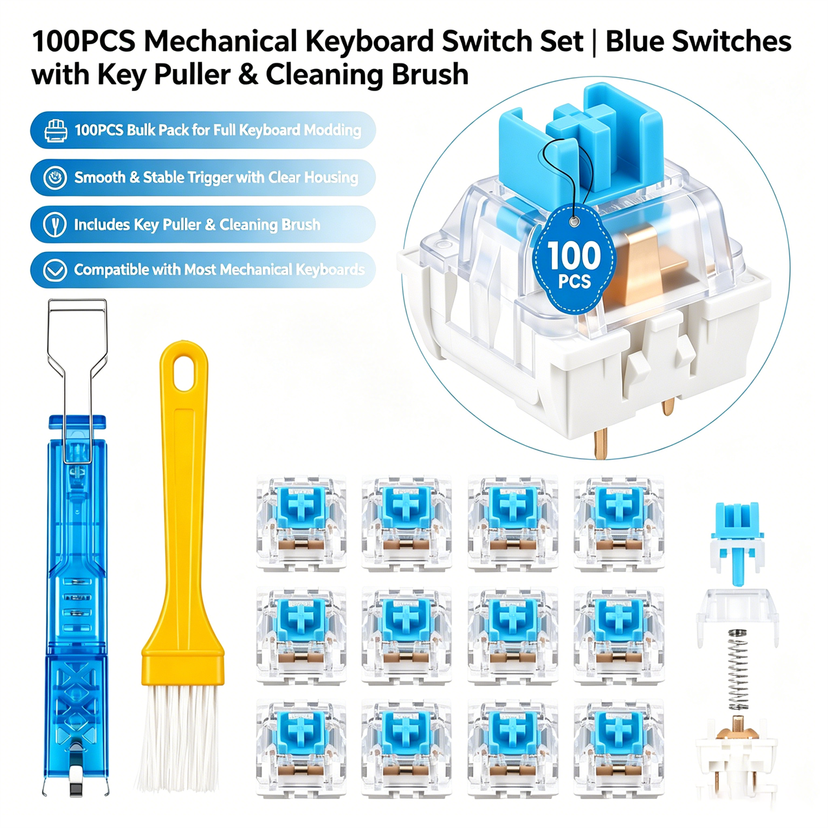 100Pack Clear RGB Backlight Me - Keyboard Gaming Blue Switch 评论和价格